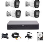 Sistem de supraveghere Uniview cu 4 camere 5 Megapixeli, Infrarosu 20M, DVR Hibrid cu 4 canale 5MP, HDD, accesorii, Uniview