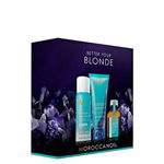 Pachet promo Moroccanoil (Tratament Moroccanoil, pentru toate tipurile de par, 25 ml + Sampon Moroccanoil, Blonde Perfecting Purple, 70 ml + Sampon uscat Moroccanoil, 65 ml)