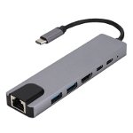 Adaptor Hub Multifunctional 6 In 1 Techstar® ZFZ6IN1B, HDMI 4K, USB-C, 1 X USB 3.0, 1 X USB 2.0, LAN RJ45 Ethernet, Cititor de carduri SD/TF, PD Port, Argintiu, 