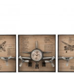 Ceas de perete avion in 3 parti, Metal Fier, Maro Argintiu, 225.5x26x75 cm, Jolipa