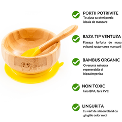Set diversificare pentru copii castron, farfurie si doua lingurite din bambus Oaki galben, Oaki