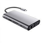 Adaptor HUB multiport USB Type-C la 3 x USB 3.0 HDMI 4K 30Hz VGA 1080P 60Hz RJ45 3.5mm Audio Cititor de carduri SD/TF PD 100W pentru MacBook Chromebook laptop gri, krasscom