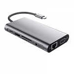 Adaptor HUB multiport USB Type-C la 3 x USB 3.0 HDMI 4K 30Hz VGA 1080P 60Hz RJ45 3.5mm Audio Cititor de carduri SD/TF PD 100W pentru MacBook Chromebook laptop gri, krasscom