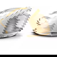 Philips Statie de calcat cu abur Philips PerfectCare seria 8000 PSG8040-60, 2700W, Tehnologie Optimal Temp, 8 bari, Jet de abur 170g/min, Functie Easy De-calc plus, Talpa fier SteamGlide Elite, Oprire automata, Rezervor de apa 1.8L, Alb&Auriu, Philips