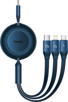Cablu cu reglare in lungime Bright Mirror 2, Baseus, USB-C - Micro, USB-C, Lightning, pentru iPhone 100W PD QC, 110cm, Albastru, Baseus