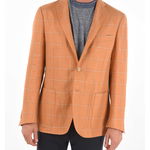 CORNELIANI Flax Silk 3-Button Resort Blazer With Windowpane Pattern Orange, CORNELIANI