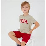 U.S. Polo Assn., Set de tricou cu imprimeu logo si pantaloni scurti, Rosu, Maro camel, 104-110 CM