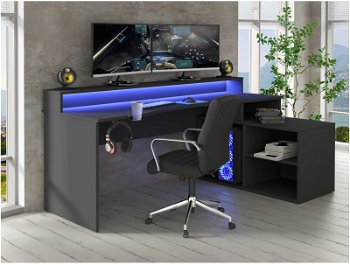 Birou Kring Gaming, 200x91x125 cm, culoare negru, include LED suport casti si suport bautura