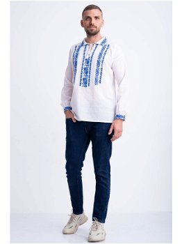 Bluza traditionala din bumbac alb cu model inflorat albastru pentru barbat