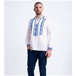 Bluza traditionala din bumbac alb cu model inflorat albastru pentru barbat