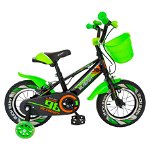 Bicicleta baieti Rich Baby R1207A, roata 12", C-Brake, cosulet, roti ajutatoare cu LED, 2-4 ani, negru/verde, RICH BABY