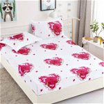 Husa de pat cu elastic din Bumbac Finet + 2 Fete de Perna, Trandafiri Roz, JOJO HOME