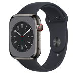 Smartwatch Apple Watch S8 Cellular, ecran LTPO OLED, Bluetooth, Wi-Fi, GPS, Bratara Silicon 45mm, Carcasa otel, Rezistent la apa 5ATM (Negru), Apple