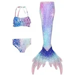Set 3 piese Costum de baie Sirena Printesa Ariel THK®, include top, slip, coada sirena, Albastru pastel, 140 cm