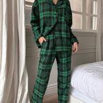 Set pijama, camasa cu nasturi si pantaloni cu talie medie, verde, dama, Shein, Shein