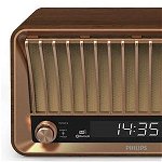 Radio cu ceas Philips TAVS700/10, Bluetooth, Retro design, Carcasa lemn vintage, Maro