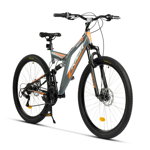 Bicicleta MTB-FS, Saiguan Revoshift 18 Viteze, Roti 27.5 Inch, Frane pe Disc, RICH R2750D, Cadru Gri cu Design Portocaliu Alb
