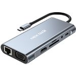 Hub USB 11 in 1 NEX TECH® USB-C 4K HDMI, 1000Mbps, USB 3.0, SD, RJ45, Adaptor Multiport, Incarcare PD 100W, 5 Gbps, VGA, Aluminiu, Card Reader, Gri, NEX