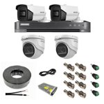 Sistem supraveghere mixt 4 camere: 2 dome 8MP IR 30m, 2 bullet 4 in 1 8MP IR 80m, DVR 4 canale 4K 8MP, accesorii, Hikvision