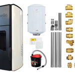 Pachet Termosemineu peleti Fornello Royal Ivory 30 kw, complet echipat pentru incalzire, pompa circulatie, vas expansiune, automatizare, kit evacuare 3.5 ml, Boiler Termoelectric Fornello 100 l, Termostat Salus 091FLRFV2, Aspirator si kit montaj, Fornello