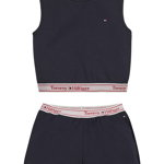 Tommy Hilfiger, Set de top crop si pantaloni scurti cu banda logo, Rosu/Alb/Bleumarin, 176 CM