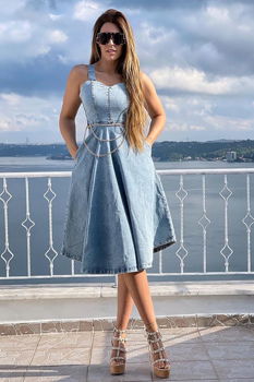 Rochie din denim Nadia accesorizata cu lant in talie, FashionForYou