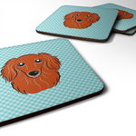 Caroline`s Treasures Checkerboard Blue Longhair Red Dachshund Foam Coaster Set de 4 Albastru 3 1/2 x 3 1/2, 