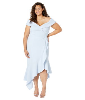 Imbracaminte Femei XSCAPE Plus Size Midi York Crepe Hank Hem Off-the-Shoulder Light Blue, XSCAPE