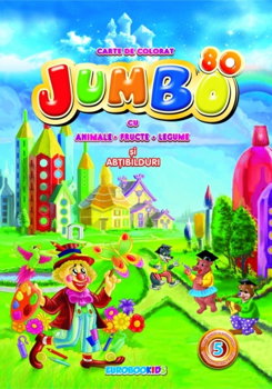 Jumbo 80 - Carte de colorat cu animale, fructe, legume si abtibilduri, 