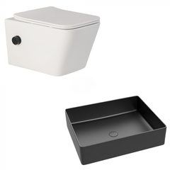 Set vas wc rimless suspendat cu functie de bideu, baterie negru mat si capac soft close, Foglia Safari, plus lavoar dreptunghiular pe blat, Foglia Set vas wc rimless suspendat cu functie de bideu, baterie negru mat si capac soft close, Foglia Safari, plus lavoar dreptunghiular pe blat, Foglia