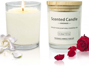 Set de 2 lumanari parfumate, ceara de soia/sticla, alb, trandafir/gardenia, 170 g, 40 ore, 7 x 9,2 cm, 