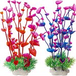 Set de 2 plante artificiale pentru acvariu ZISHATUO, plastic, rosu/violet/roz, 20 x 7 cm