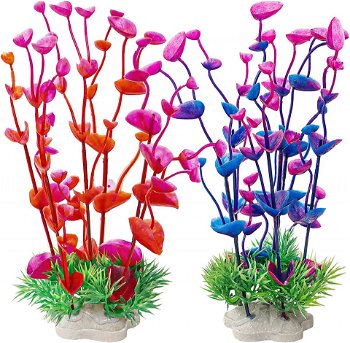 Set de 2 plante artificiale pentru acvariu ZISHATUO, plastic, rosu/violet/roz, 20 x 7 cm