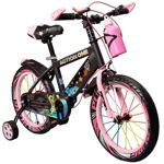 Bicicleta copii ACTION ONE Genesis II, 16 inch, 5-7 ani, cu roti ajutatoare si bidon pentru apa in suport, roz