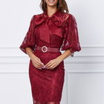 Rochie Miriam bordo din dantela cu guler tip esarfa, 