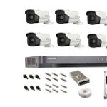 Sistem complet de supraveghere profesional Hikvision 6 camere IR60m, DVR 8 canale Turbo HD, inregistrare 4K, HDD 2 Tb, 100 m cablu CCTV, vizualizare pe telefon, Hikvision