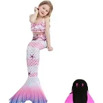 Set 3 piese Costum de baie Sirena Printesa Ariel THK®, coada sirena, slip, top, Alb Fildes/Roz 130