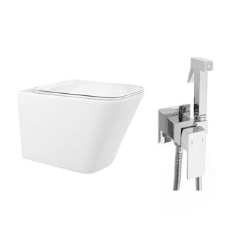 Pachet vas wc suspendat Rea Carlo Mini Basic, capac softclose si set dus igiena intima auriu cu baterie incastrata Invena Bidetta, Rea