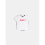 Tricou Guess alb cu spatele negru in contrast si scris roz din bumbac