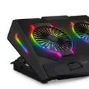 Cooler Laptop Gaming RGB, 2 Ventilatoare Silentioase, Inaltime Reglabila, 7 Trepte Viteza, Iluminare LED, Display LCD, 2 Porturi USB, Anti-alunecare, Universal, 17", Suport Telefon Incorporat, Negru
