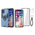 Set protectie 3 in 1 pentru IPHONE 11 PRO MAX cu husa hybrid antisoc cu stand inel, folie sticla ceramica fullsize, 2 folii sticla pentru camera si breloc cadou, dark blue, krasscom