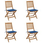 Set de 4 scaune pliabile de gradina cu perne, vidaXL, Lemn de acacia/Poliester, 48,5 x 57 x 91 cm, Maro-perne albastru regal