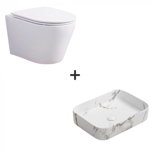 Set vas wc rimless cu capac soft close Oslo plus lavoar baie dreptunghiular cu efect marmura, Foglia