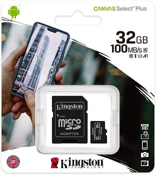 Micro SDHC Canvas Select Plus 100R, 32GB, Clasa 10, UHS-I + Adaptor, Kingston