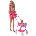 Papusa Simba Steffi Love Baby Walk 29 cm roz cu carucior si accesorii, 