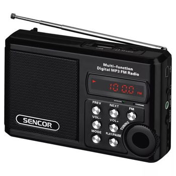 Radio portabil Sencor, 2 W RMS, FM 88 - 108 Mhz, USB, antena telescopica, slot Micro SD, jack 3.5 mm, acumulator, Negru, Sencor