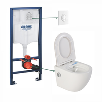 Set vas wc suspendat cu functie bideu alb si baterie inclusa crom Foglia Oslo, rezervor wc incastrat si clapeta alb lucios, Grohe, Foglia x Grohe