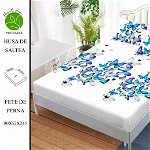 Husa de pat cu elastic 180x200 din Bumbac Finet + 2 Fete de Perna - Fluturi Albastri, ELEGANT HOME PUCIOASA