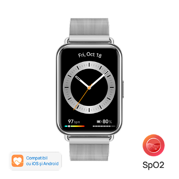  Ceas activity tracker Huawei Watch Fit 2, Display AMOLED 1.74inch, Bluetooth, Bratara otel, Rezistenta la apa, Microfon, Difuzor, Android/iOS (Argintiu)