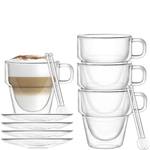 Set 4 cesti si 4 farfurioare si 4 lingurite, Quasar & Co.®, cana 250 ml cu pereti dubli, farfurioara 10.5 cm, lingurite sticla, termorezistenta, transparent
